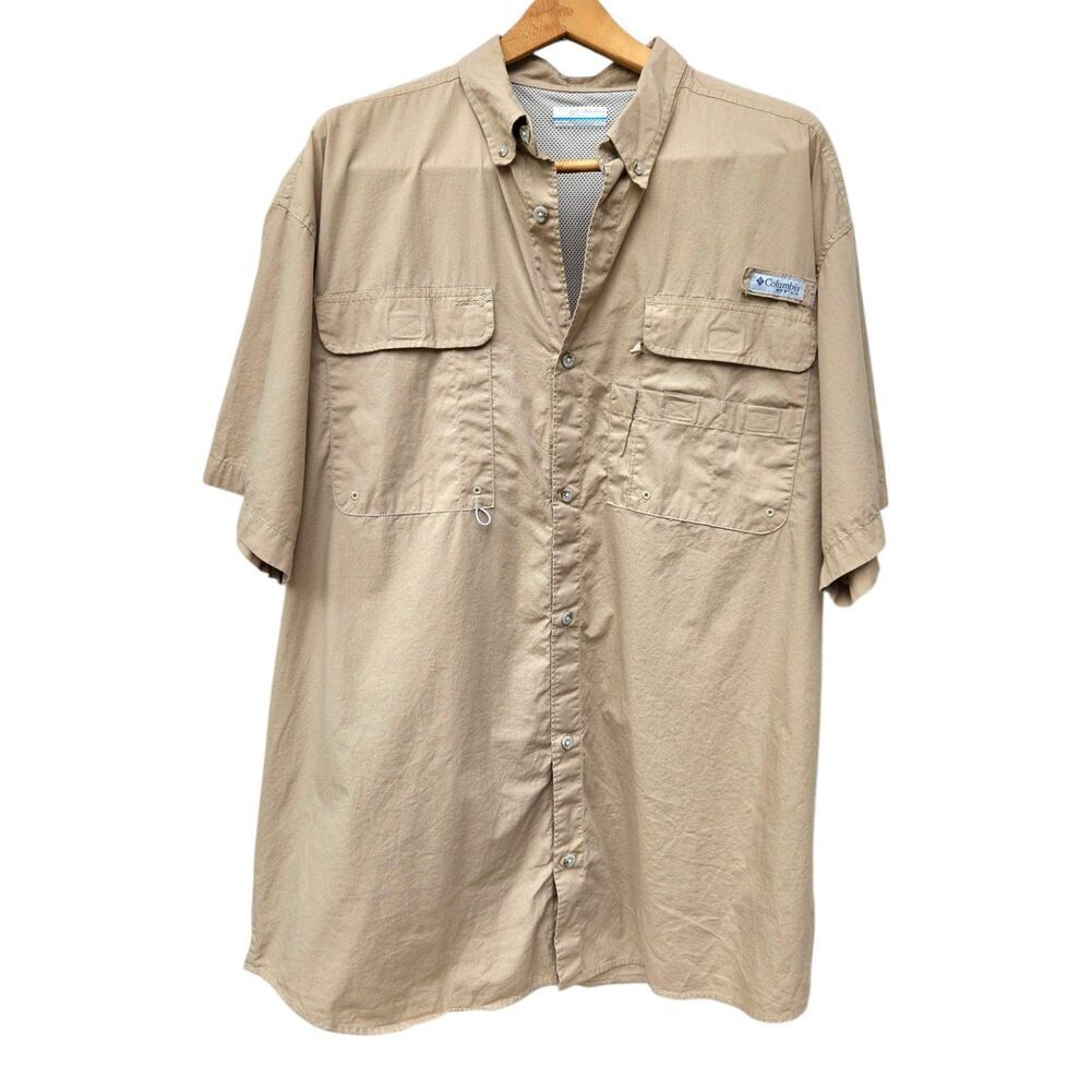 Columbia PFG Vented Fishing Shirt Mens XL Tan Short Sleeve Collared Lightweight